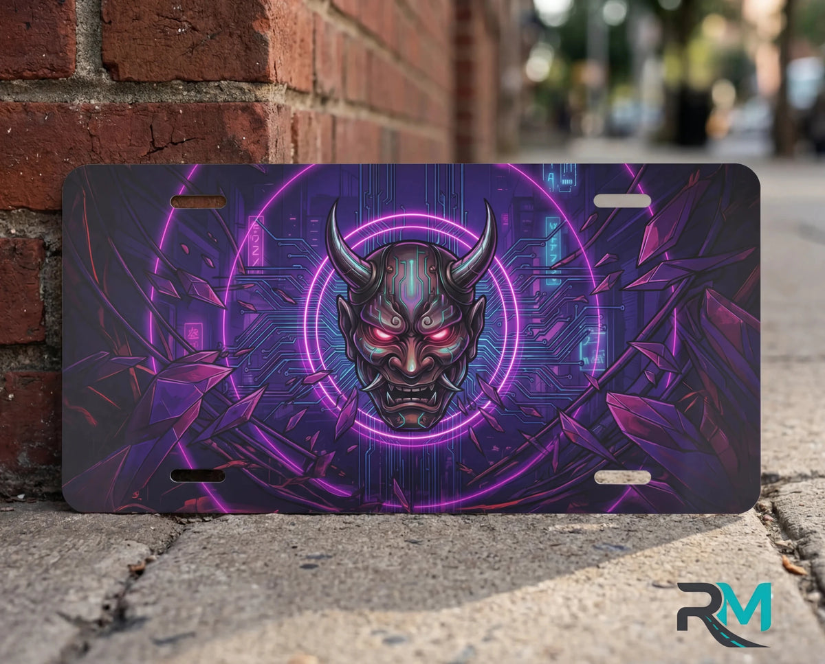 Oni Demon Mask Neon Cyberpunk Vanity Plate - Road Muse