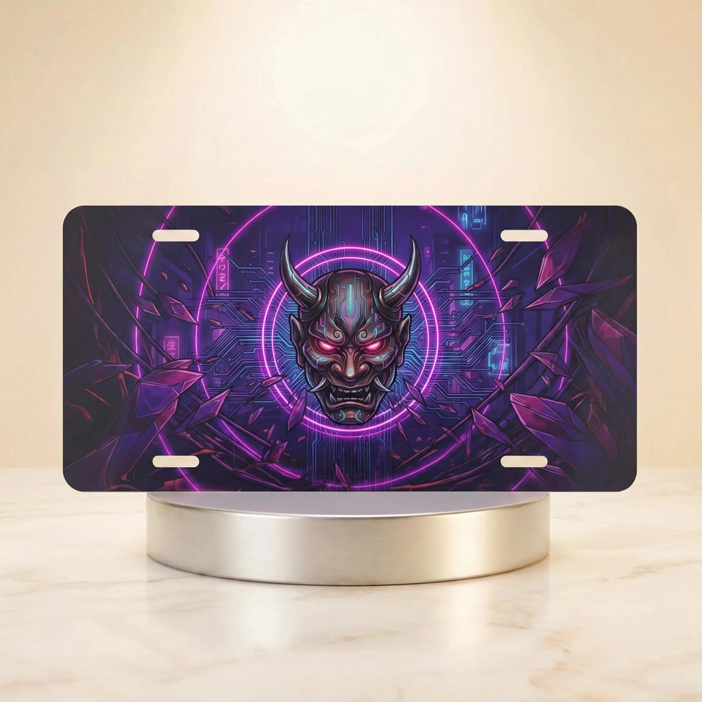 Oni Demon Mask Neon Cyberpunk Vanity Plate - Road Muse