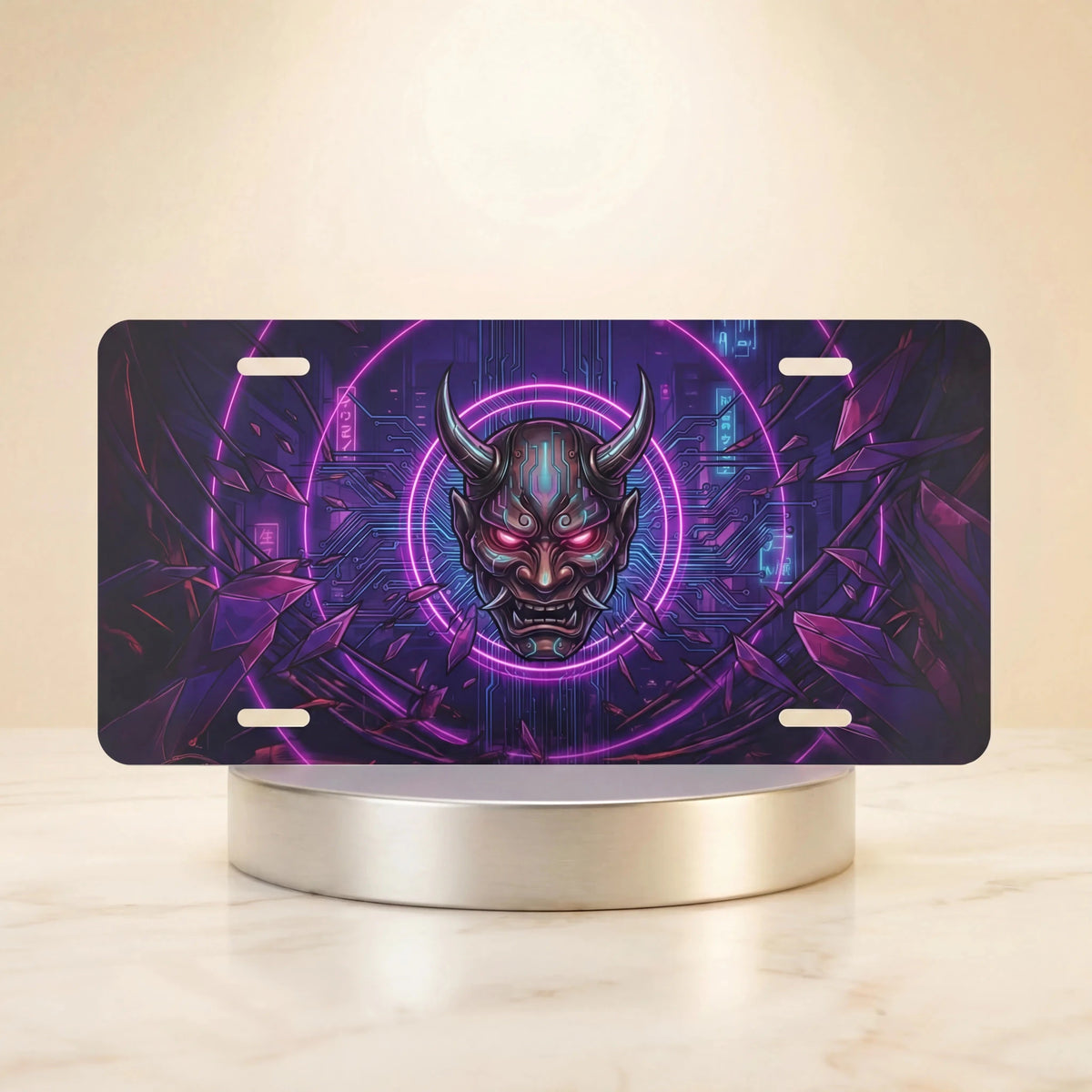 Oni Demon Mask Neon Cyberpunk Vanity Plate - Road Muse