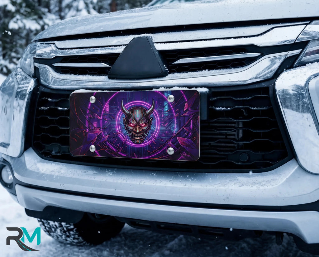 Oni Demon Mask Neon Cyberpunk Vanity Plate - Road Muse