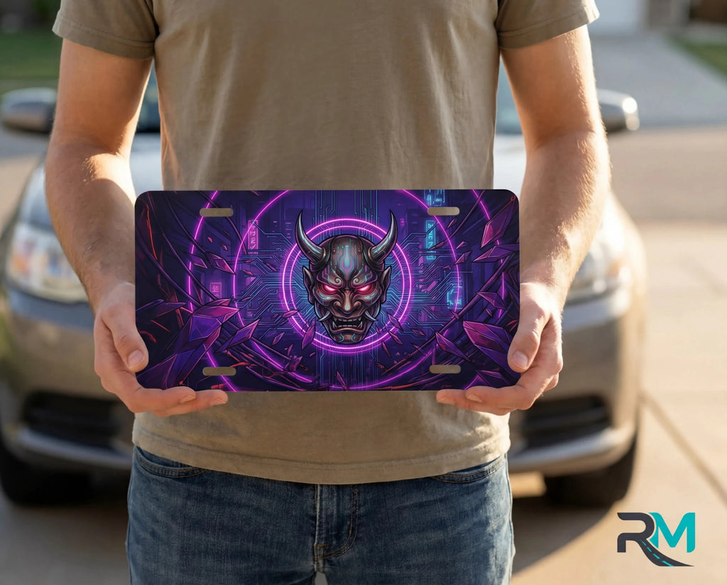 Oni Demon Mask Neon Cyberpunk Vanity Plate - Road Muse