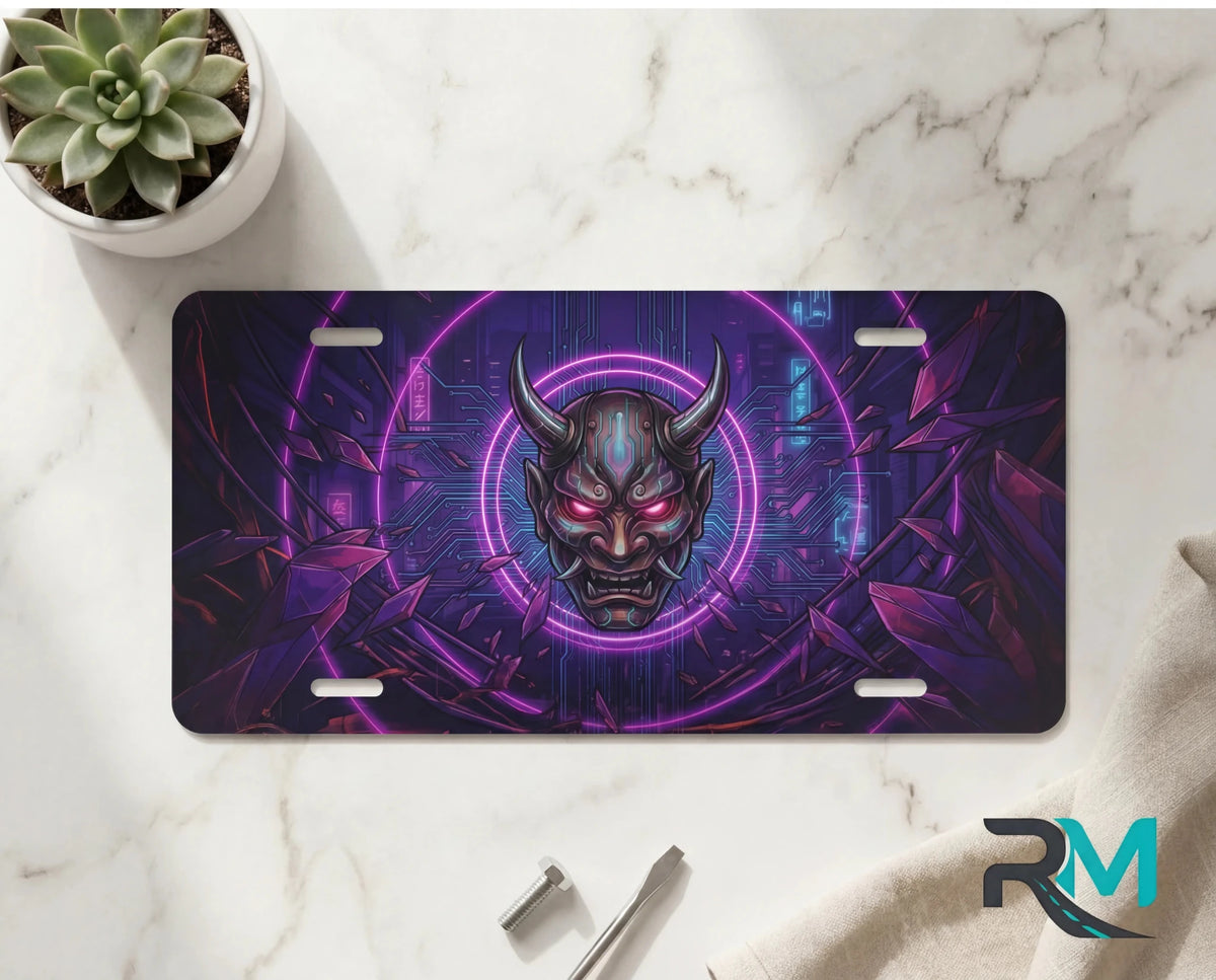 Oni Demon Mask Neon Cyberpunk Vanity Plate - Road Muse