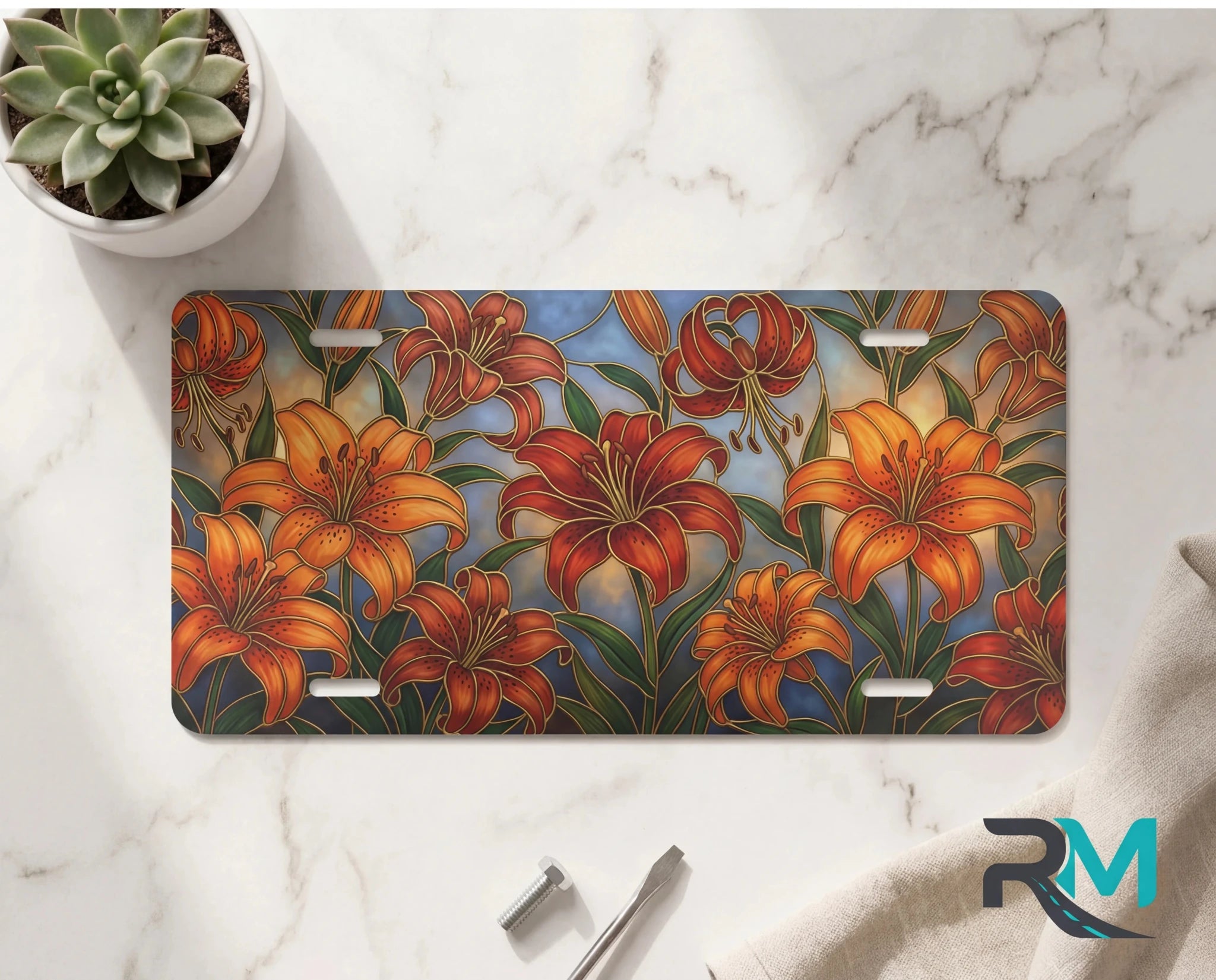 Orange Lily Floral Vanity Plate - Road Muse