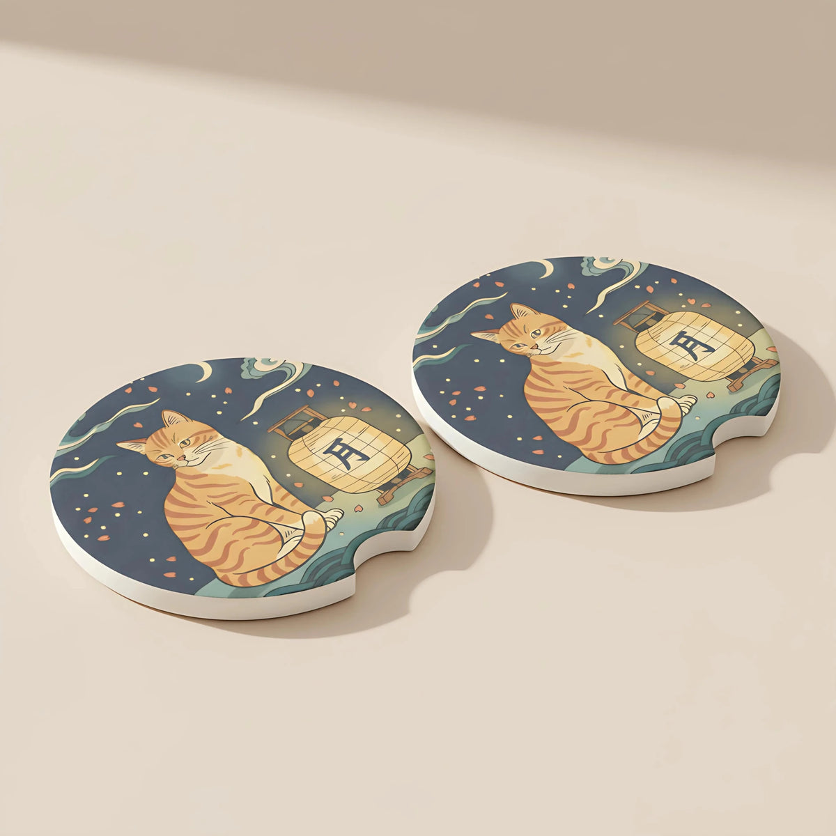 Orange Tabby Cat Lantern Car Coasters Set - Road Muse