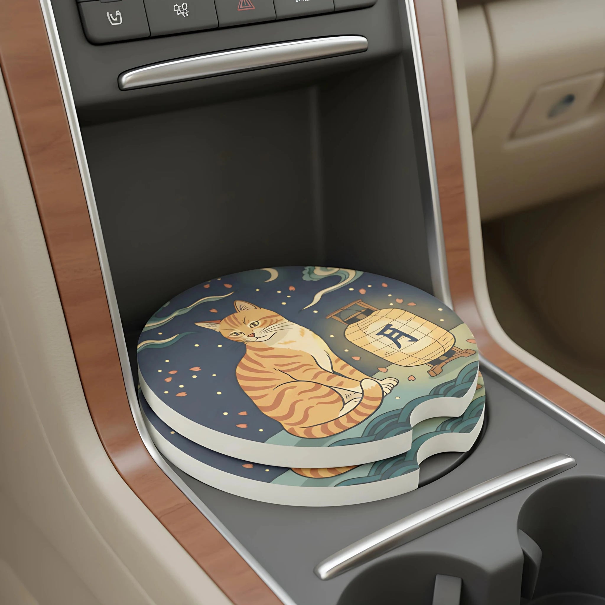 Orange Tabby Cat Lantern Car Coasters Set - Road Muse