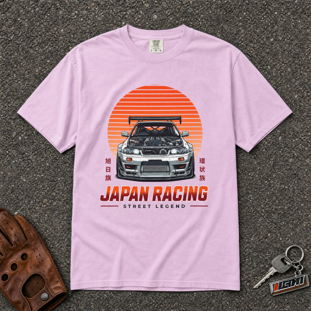 orchid japan racing street legend comfort colors tshirt — retro skyline sun stripe graphic tee