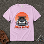 orchid japan racing street legend comfort colors tshirt — retro skyline sun stripe graphic tee