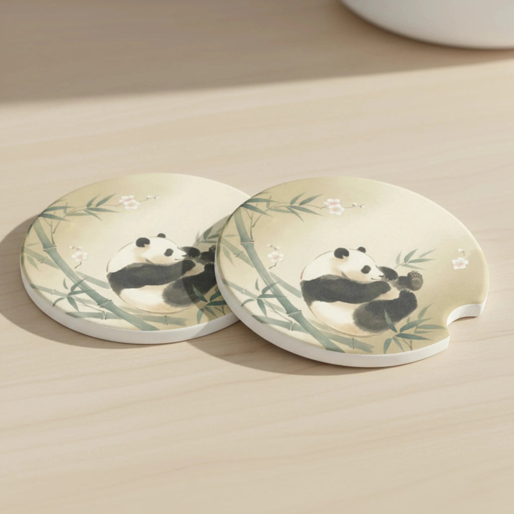 Panda Bamboo Illustration Car Coasters Set - Road Muse