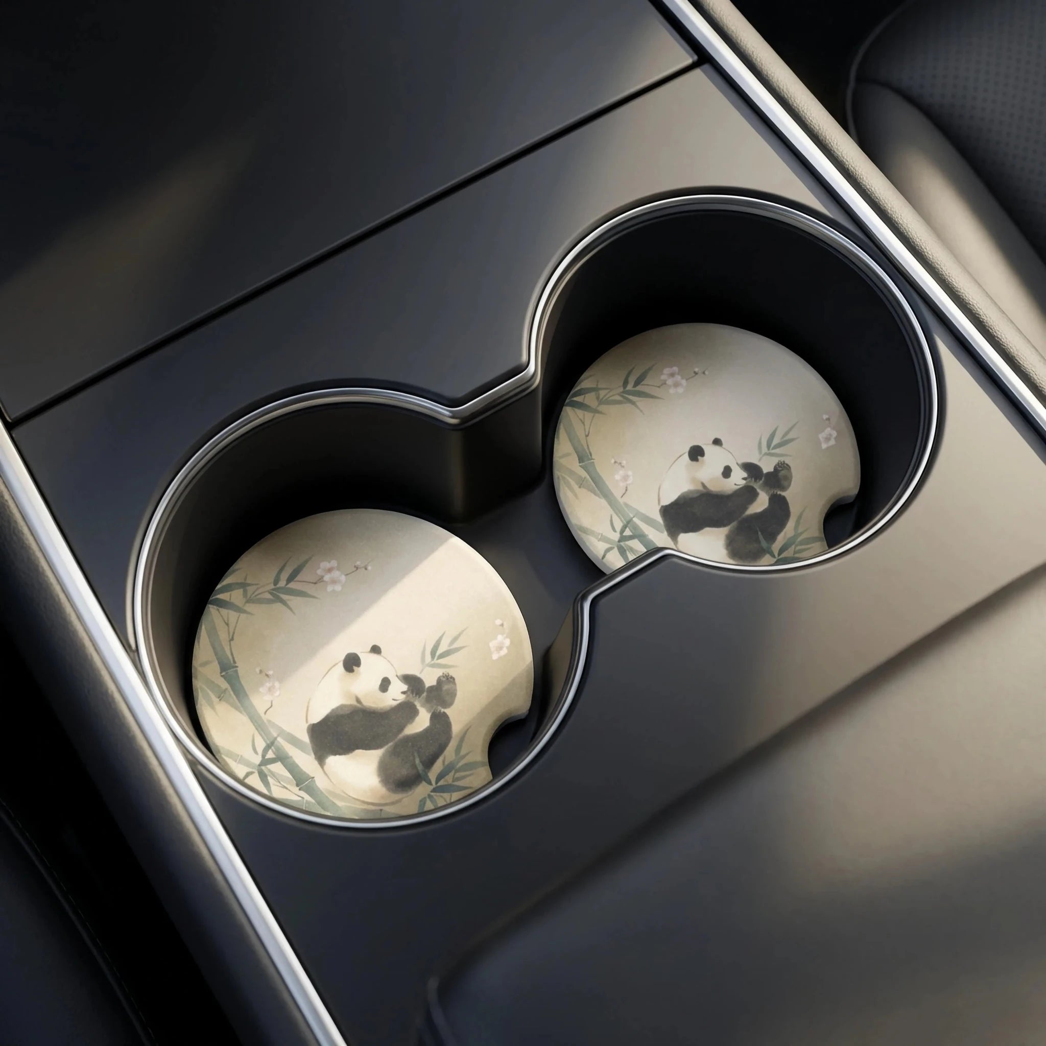Panda Bamboo Illustration Car Coasters Set - Road Muse