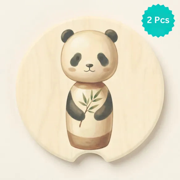 Watercolor Panda Bamboo Car Coasters Set