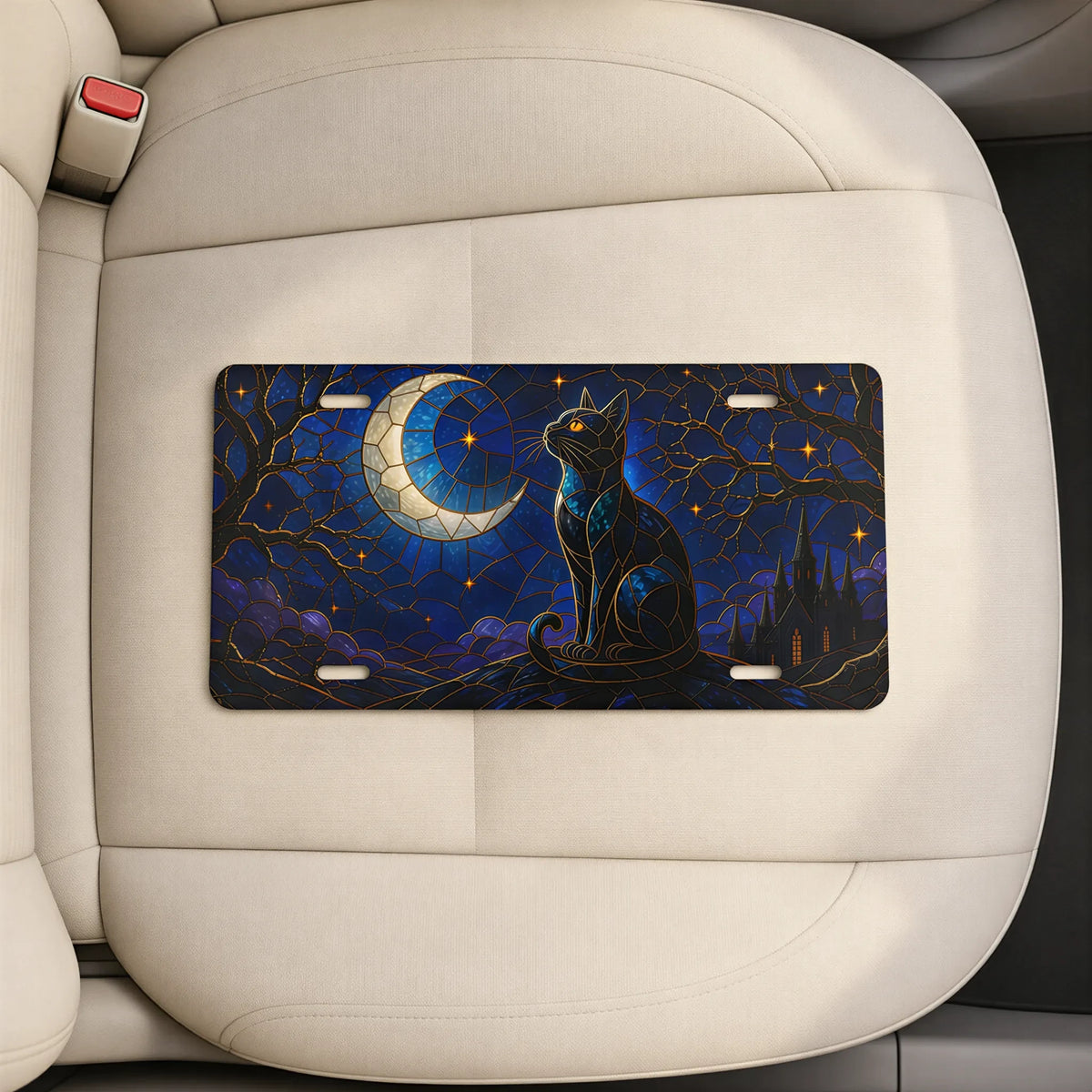 Moonlit Black Cat Crescent Moon Vanity Plate
