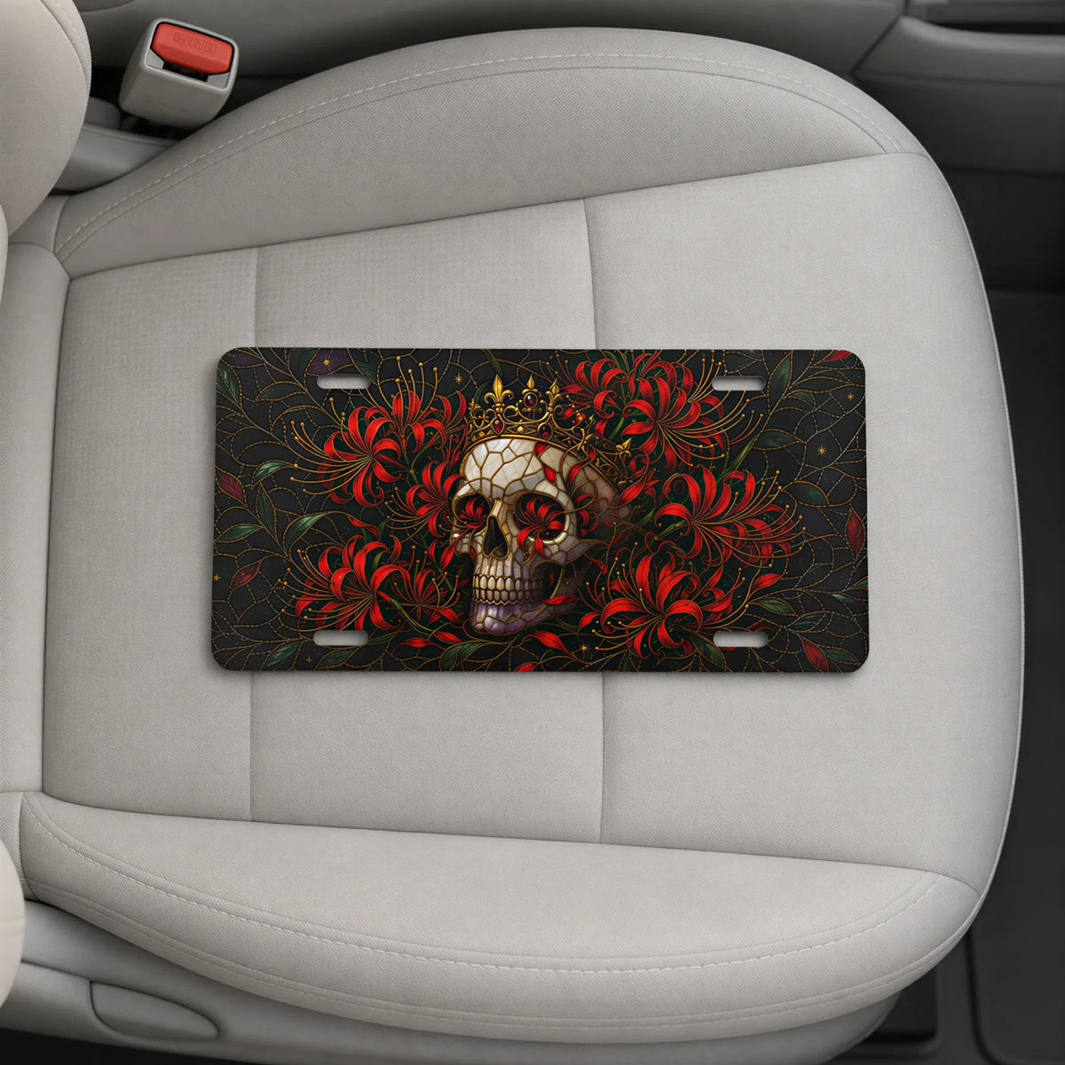Skull Crown Red Flowers Vanity Plate