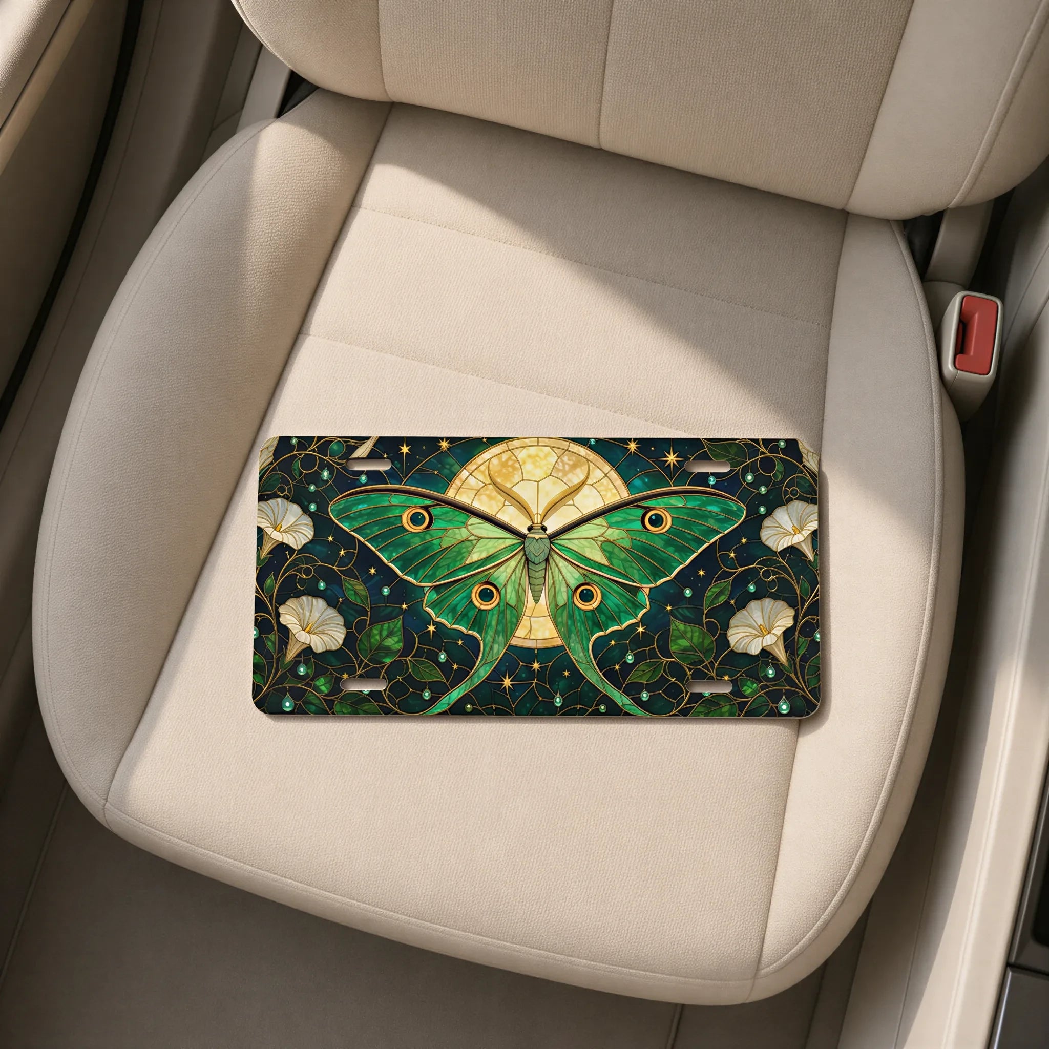 Green Luna Moth Stained Glass Vanity Plate