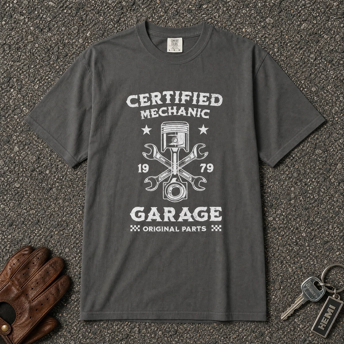 pepper certified mechanic graphic tee — vintage piston wrench comfort colors auto shop shirt