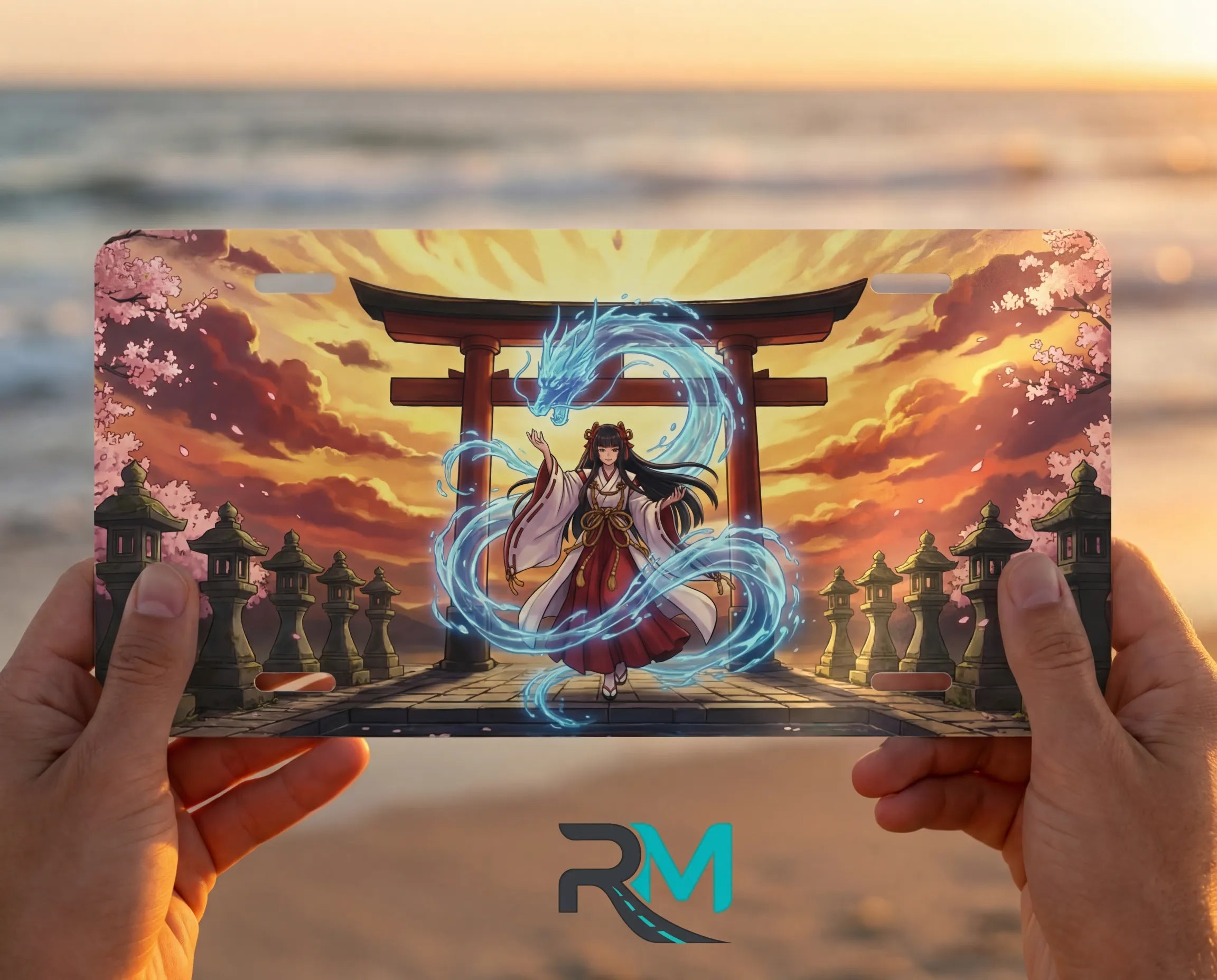 person hands with spirit shrine vanity plate — blazing sunset electric blue spirit torii front plate