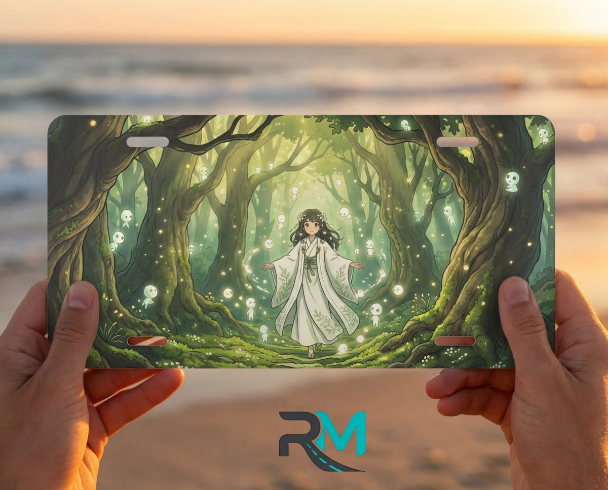 person hands with forest spirit vanity plate — moonlit glade spirit lights ancient trees front plate