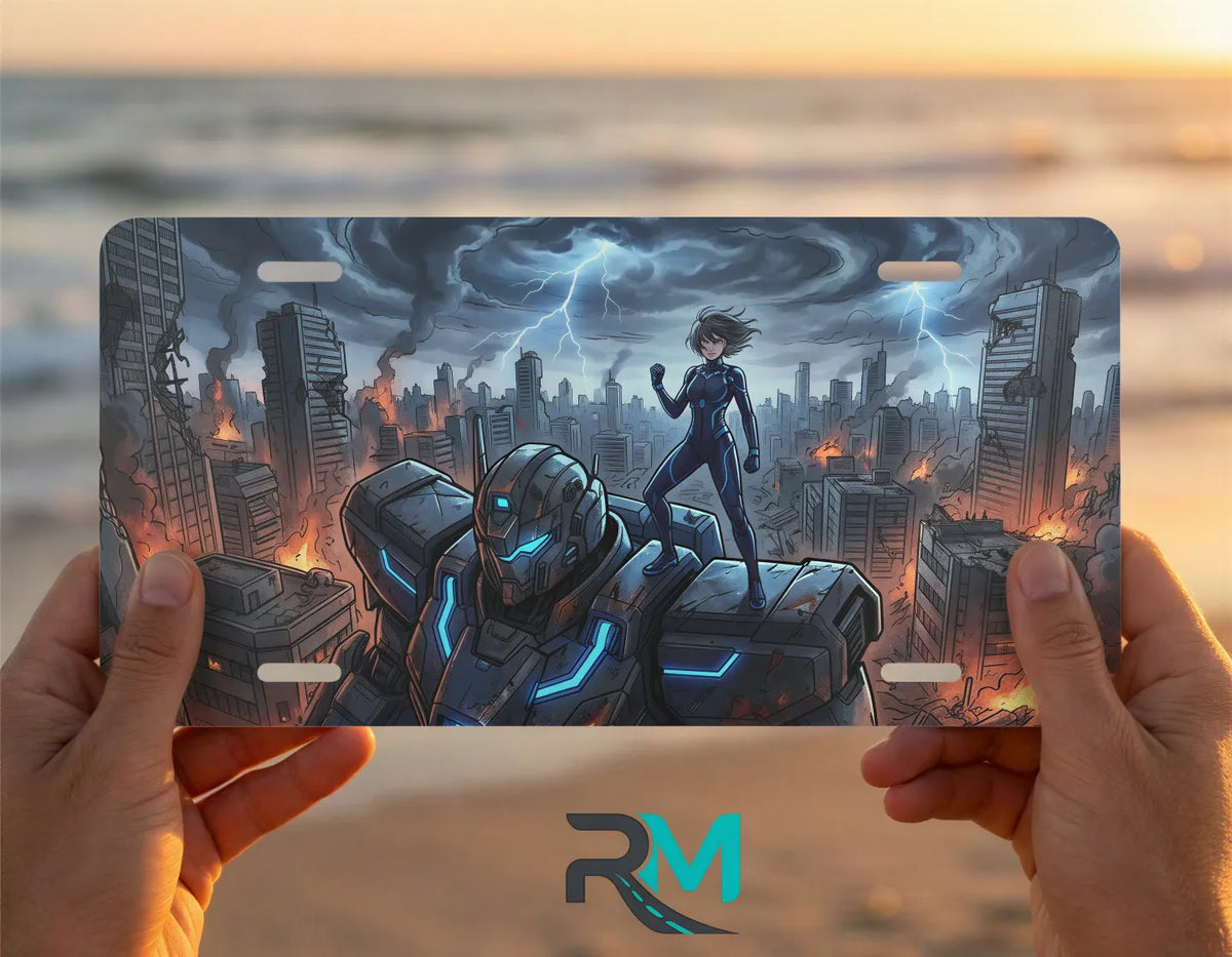 person hands with cyberpunk mech vanity plate — electric blue armored mech city front plate