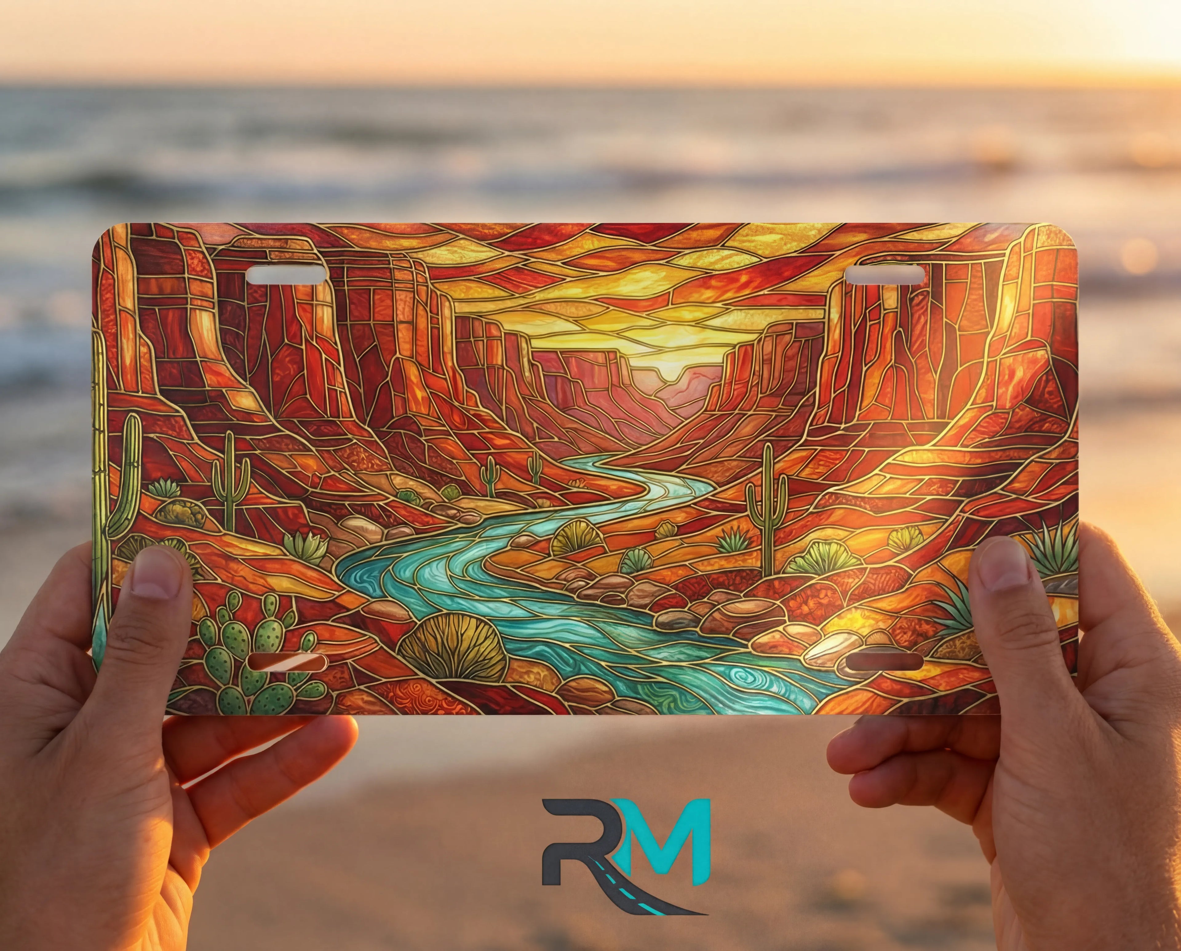 person hands with desert canyon river vanity plate — turquoise creek red rock canyon front plate