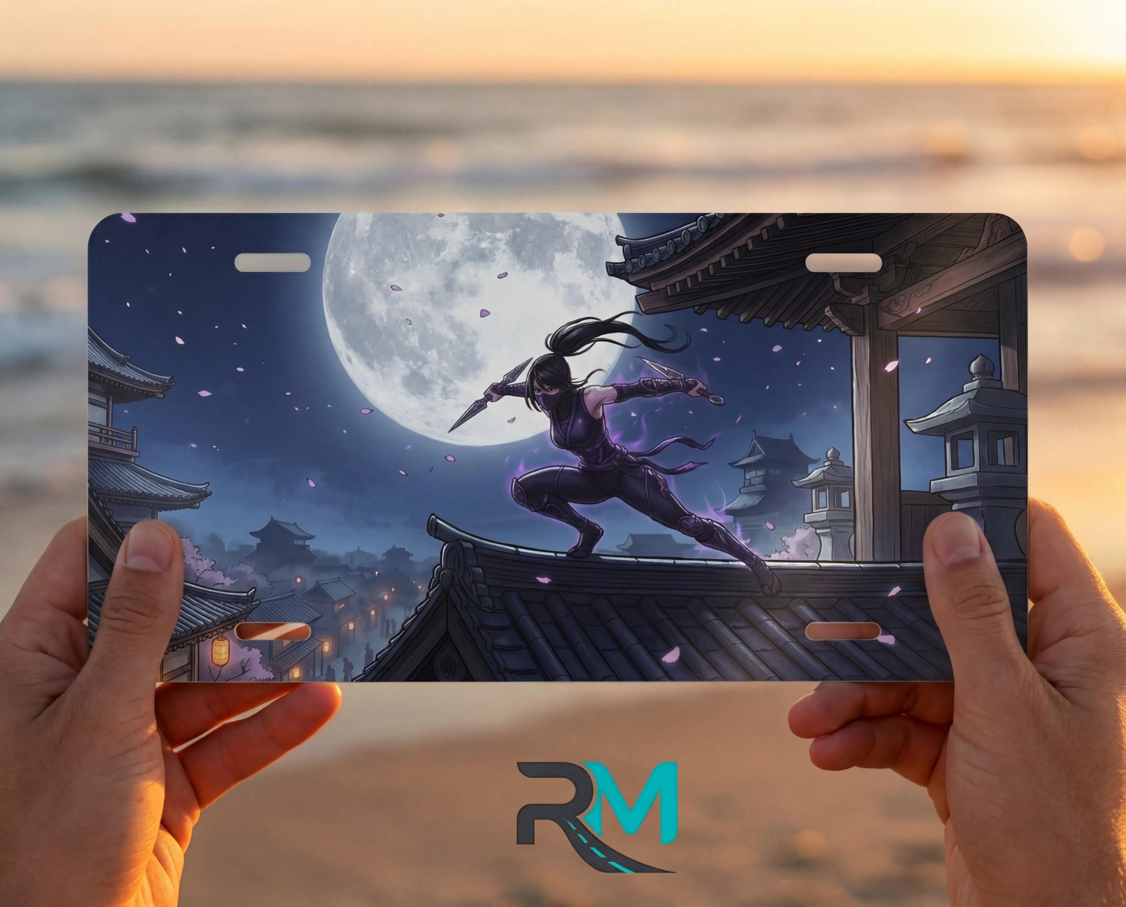 person hands with moonlit ninja vanity plate — glowing moon midnight ninja rooftop front plate