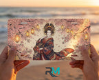 person showing geisha sakura lanterns vanity plate — soft pink kimono cherry blossom lanterns front license plate