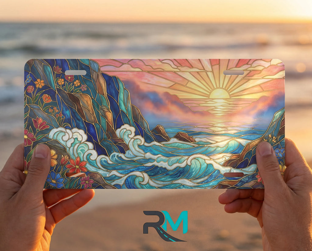 person hands with sunset ocean waves vanity plate — warm gold jewel teal sunrise ocean coastal front plate