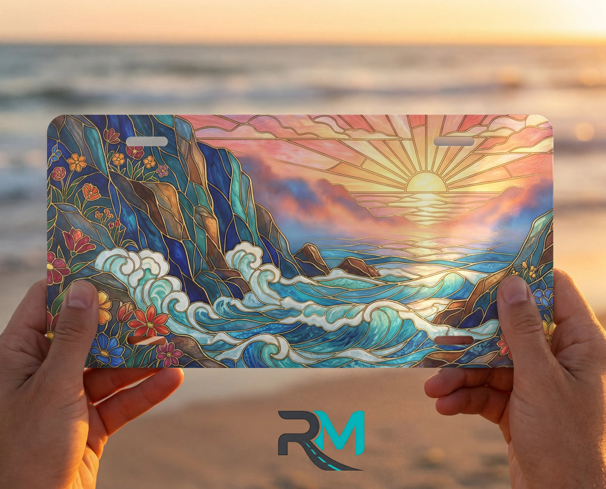 person hands with sunset ocean waves vanity plate — warm gold jewel teal sunrise ocean coastal front plate