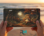 person showing woodland tanuki moonlit forest vanity plate — smiling tanuki amber moonlit autumn front license plate
