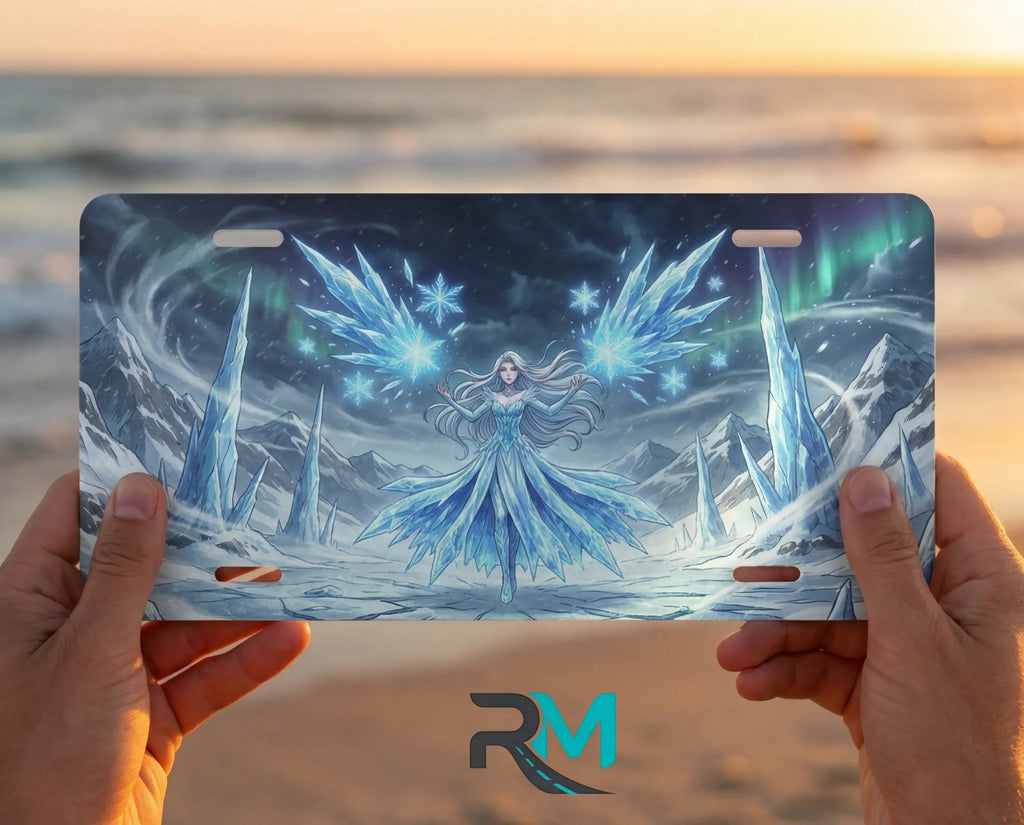 person hands with ice sorceress vanity plate — luminous ice blue crystalline frost front plate