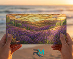 person showing lavender field sunset vanity plate — warm gold purple lavender sunset front license plate