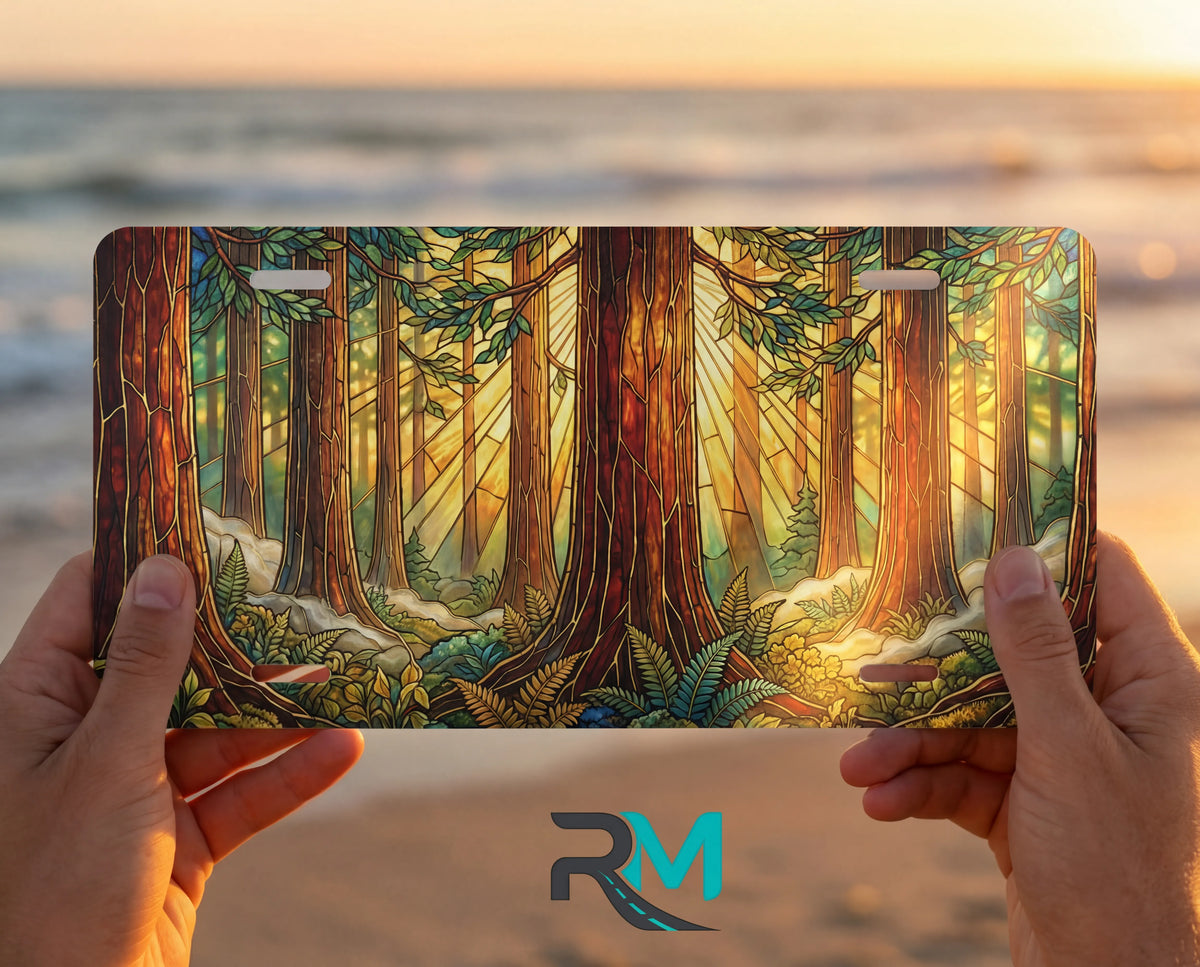 person hands with redwood forest vanity plate — warm amber golden light redwood trunks front plate