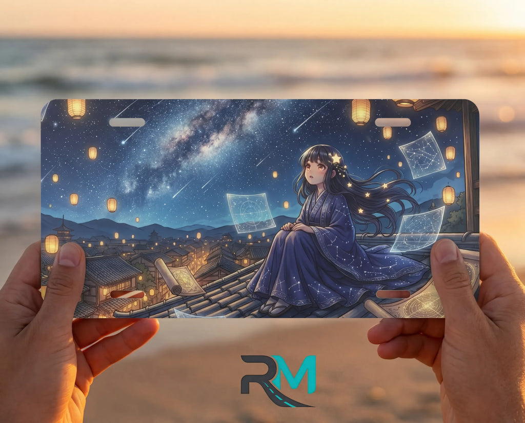 person hands with starry night girl vanity plate — deep blue night rooftop lanterns front plate