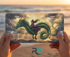 person hands with emerald dragon rider vanity plate — rich emerald green dragon storm gold front plate