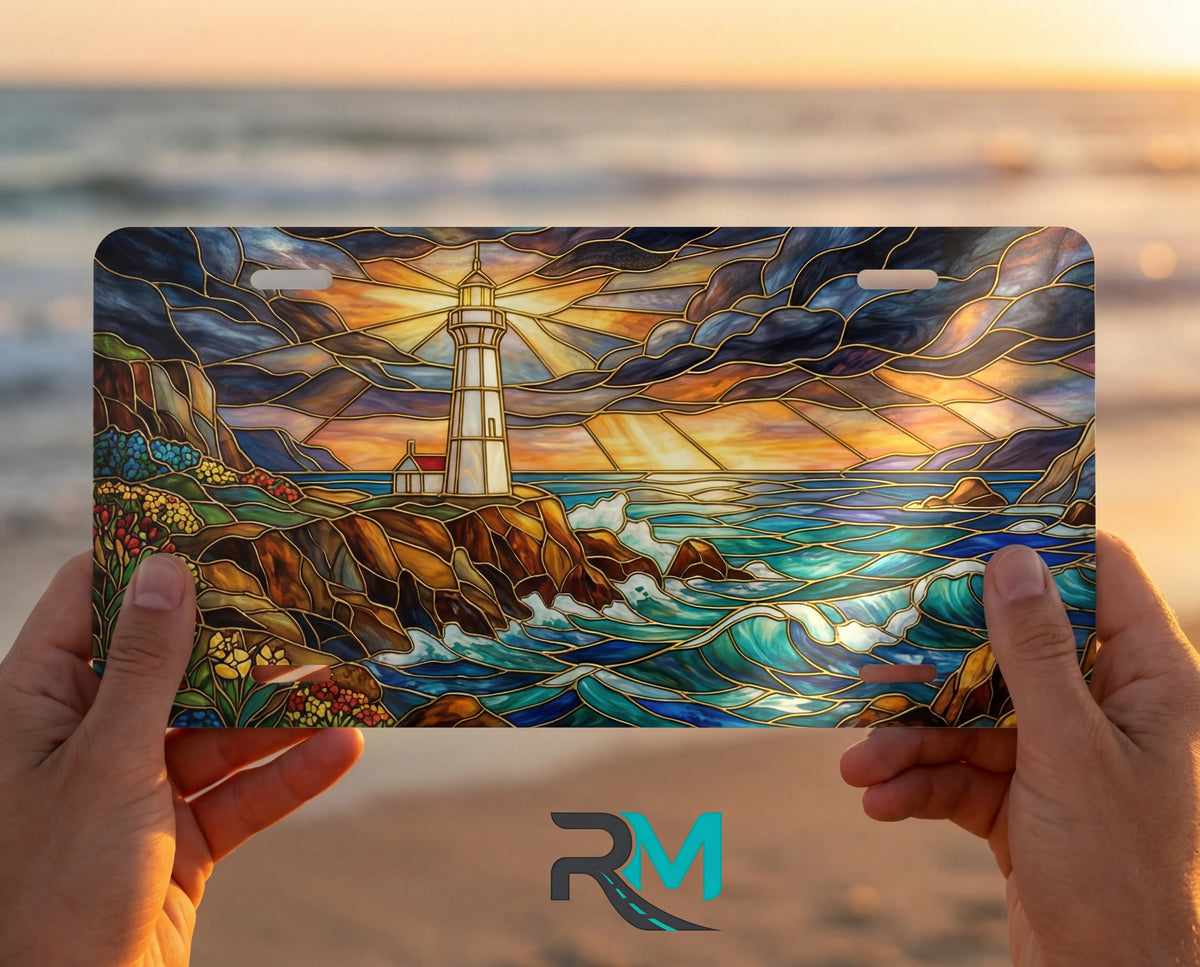 person showing lighthouse seascape vanity plate — vivid coastal blue lighthouse crashing waves front license plate
