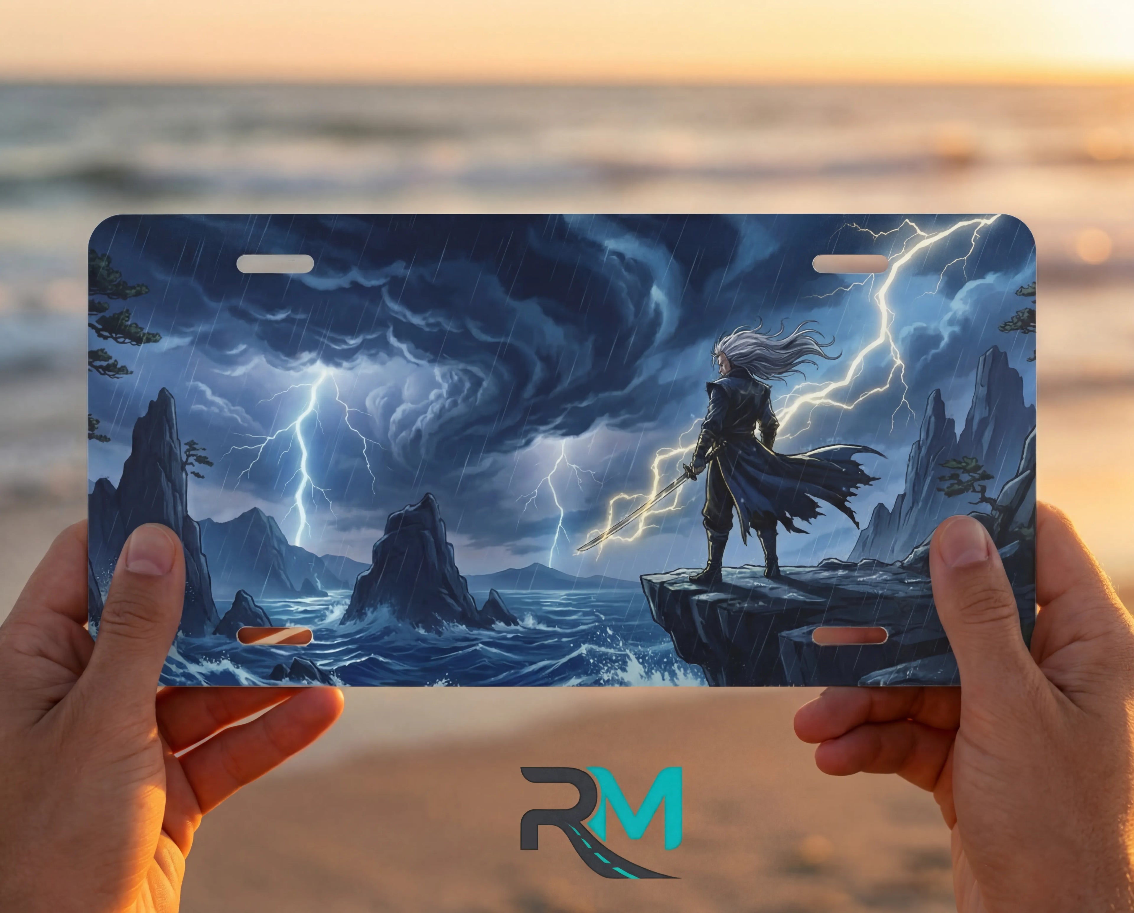 person hands with storm sorcerer vanity plate — electric blue storm coastline lightning front plate