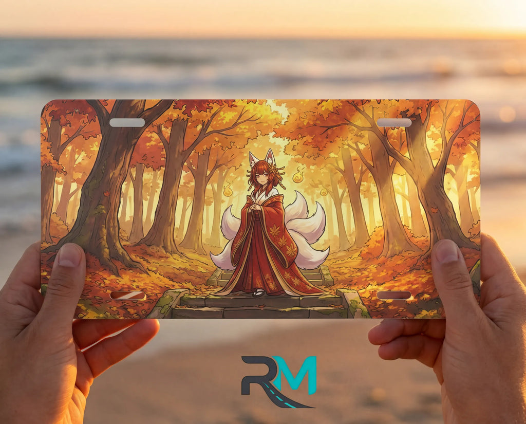 person hands with autumn fox spirit vanity plate — warm red gold kitsune autumn forest front plate
