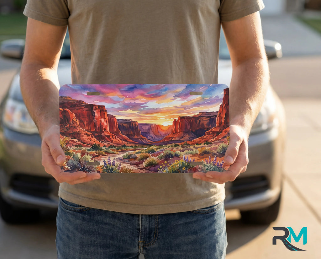 person holding desert sunset vanity plate — front license plate southwestern art
