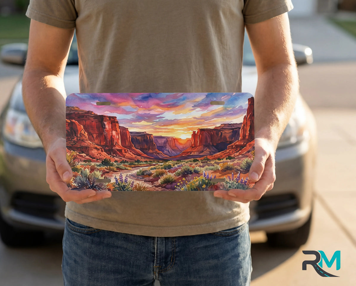 person holding desert sunset vanity plate — front license plate southwestern art