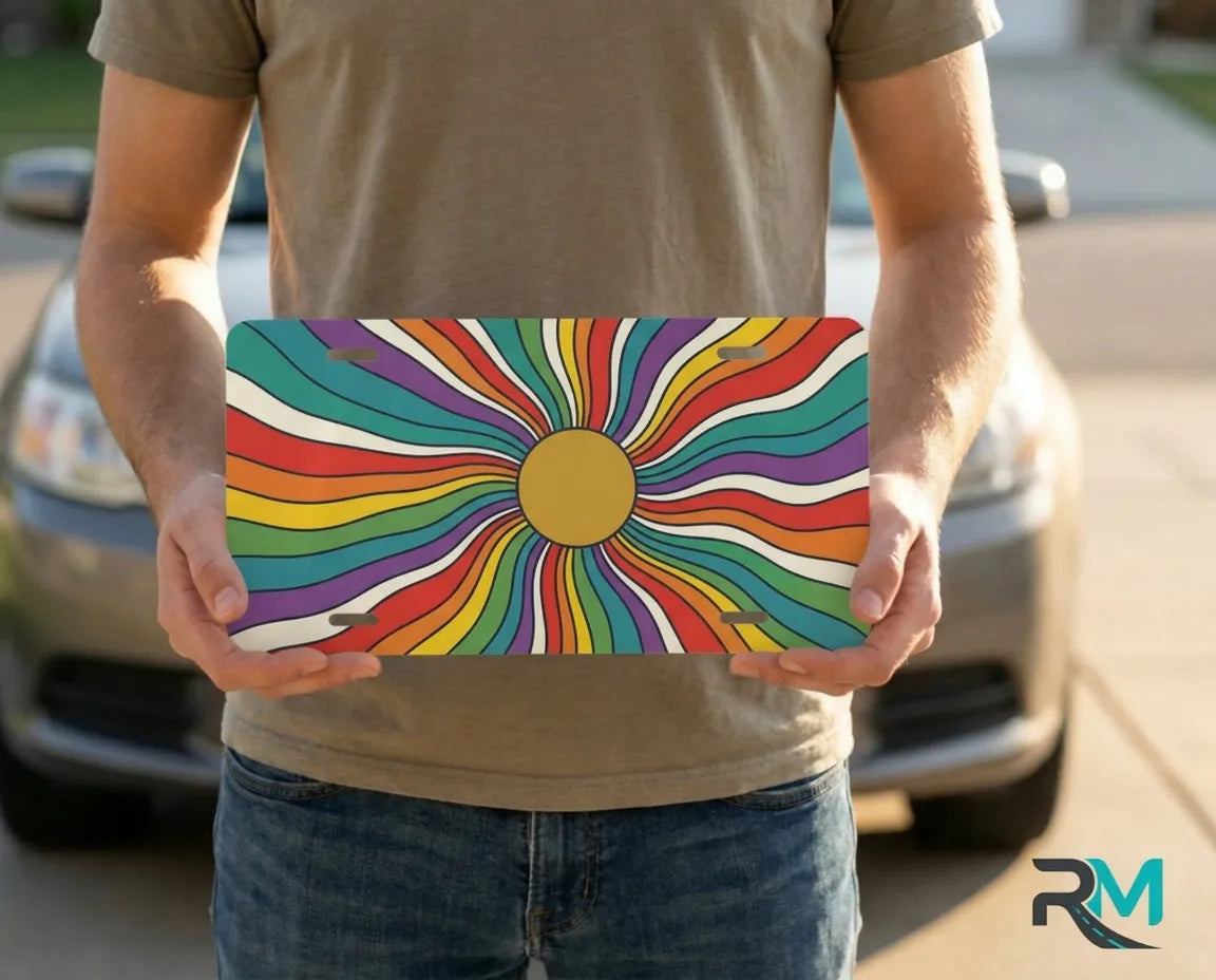 person holding retro rainbow license plate — colorful sunburst vanity plate boho art