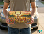 person holding sunset deer meadow license plate — golden buck wildflower vanity plate art
