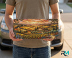 person showing tuscan vineyard vanity plate — warm amber cypress vineyard countryside front license plate