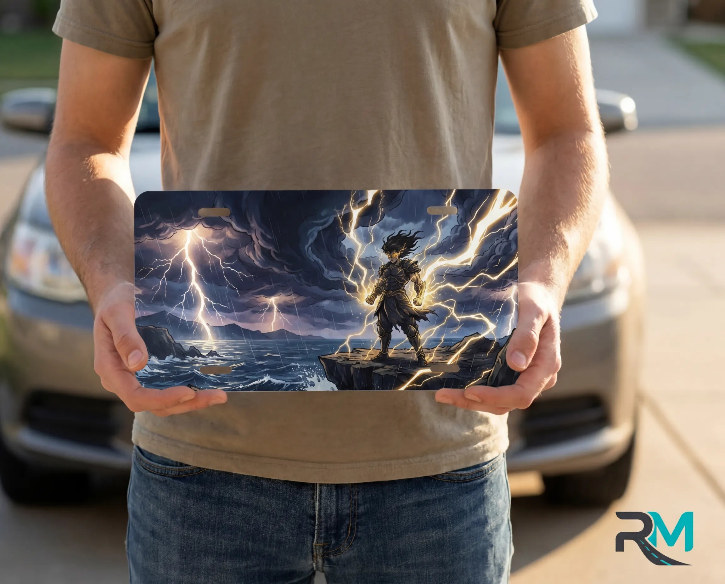 person showing stormcaller vanity plate — electric blue gold lightning cliff stormy sea front license plate