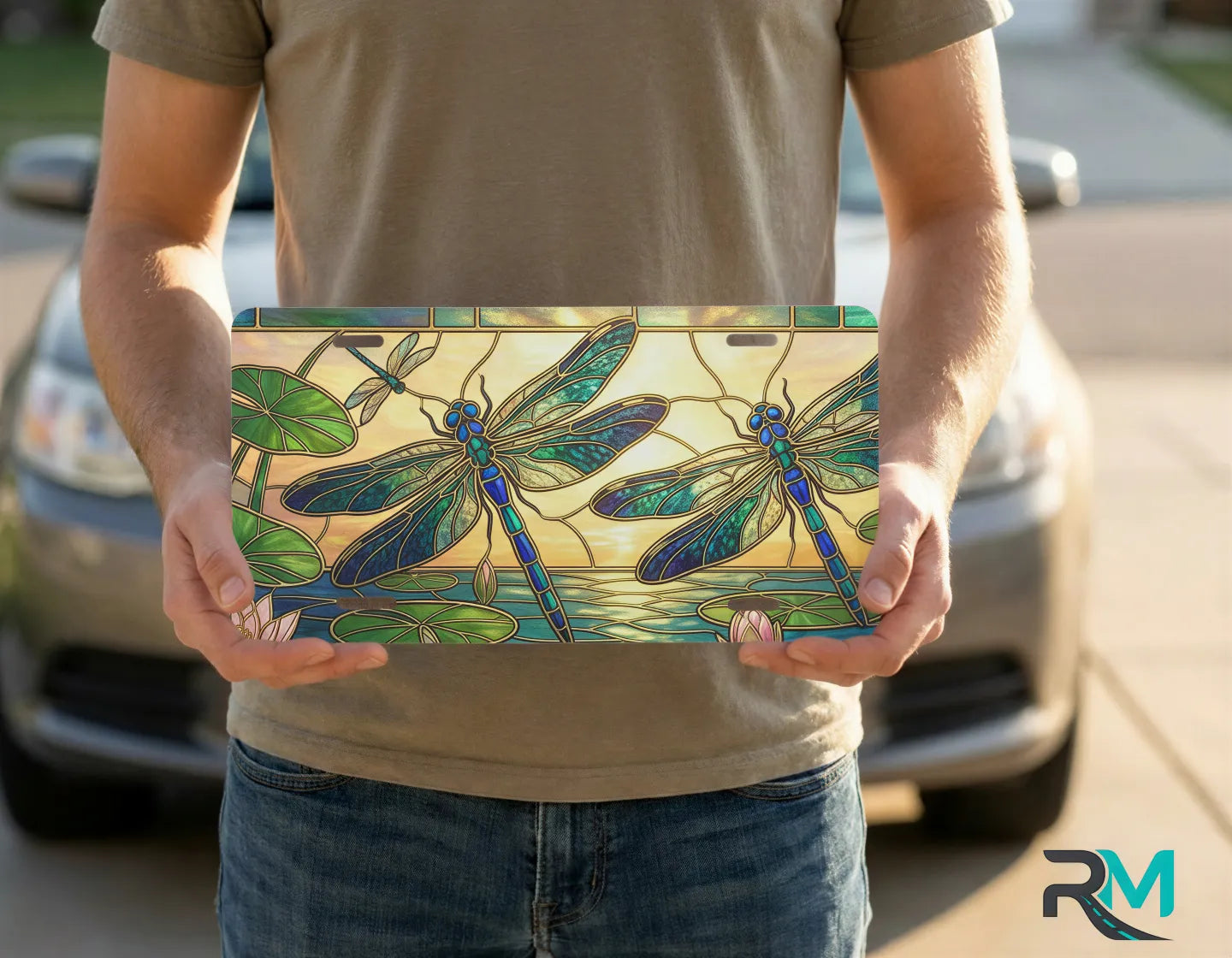 person holding dragonfly license plate — stained glass teal violet pond vanity plate art