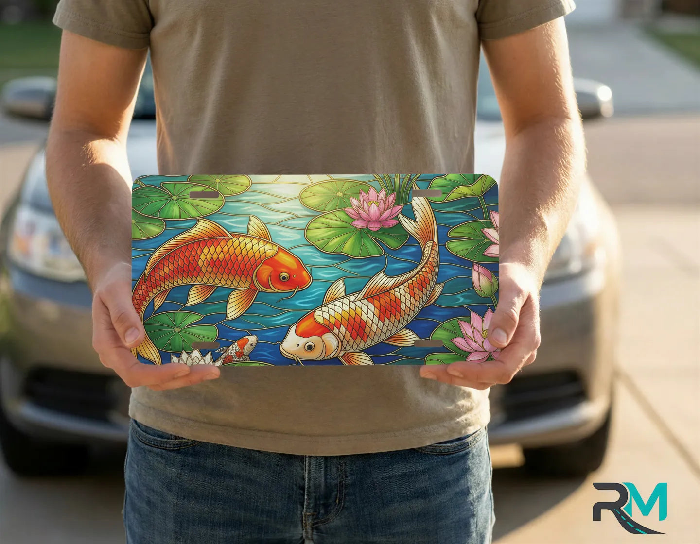 person holding koi pond license plate — Japanese water garden koi vanity plate art