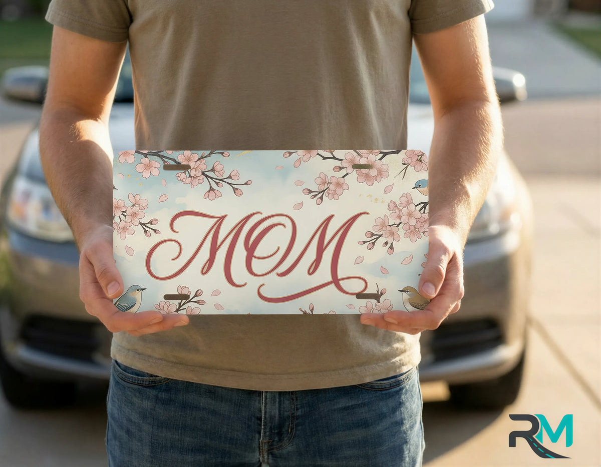 Mom Cherry Blossom Birds Vanity Plate