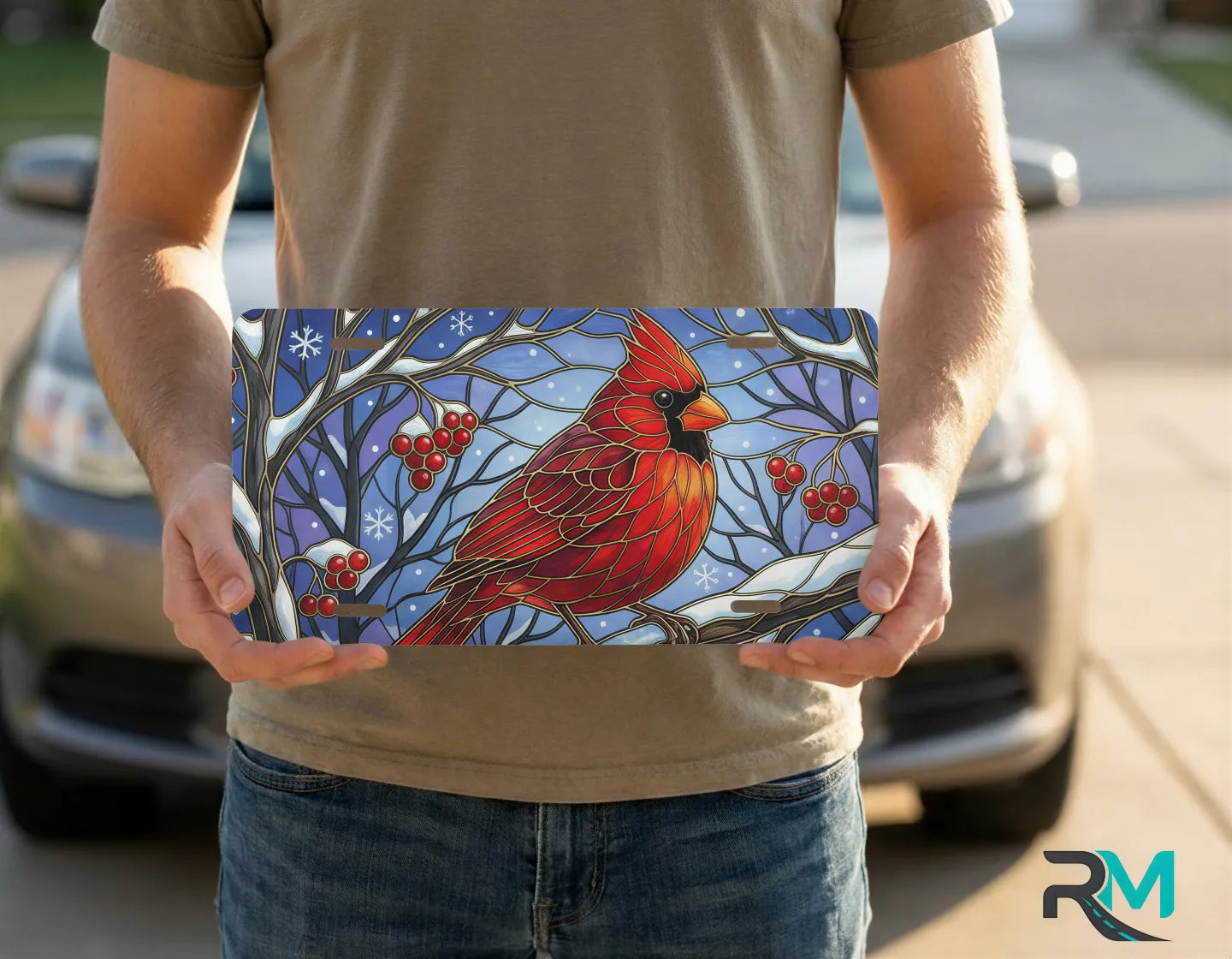 person holding cardinal snowy branch license plate — vivid red winter bird vanity plate art