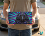 person holding raven head license plate — stained glass jewel-tone bird vanity plate art