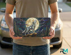person holding wolf moon license plate — stained glass midnight wolf vanity plate art