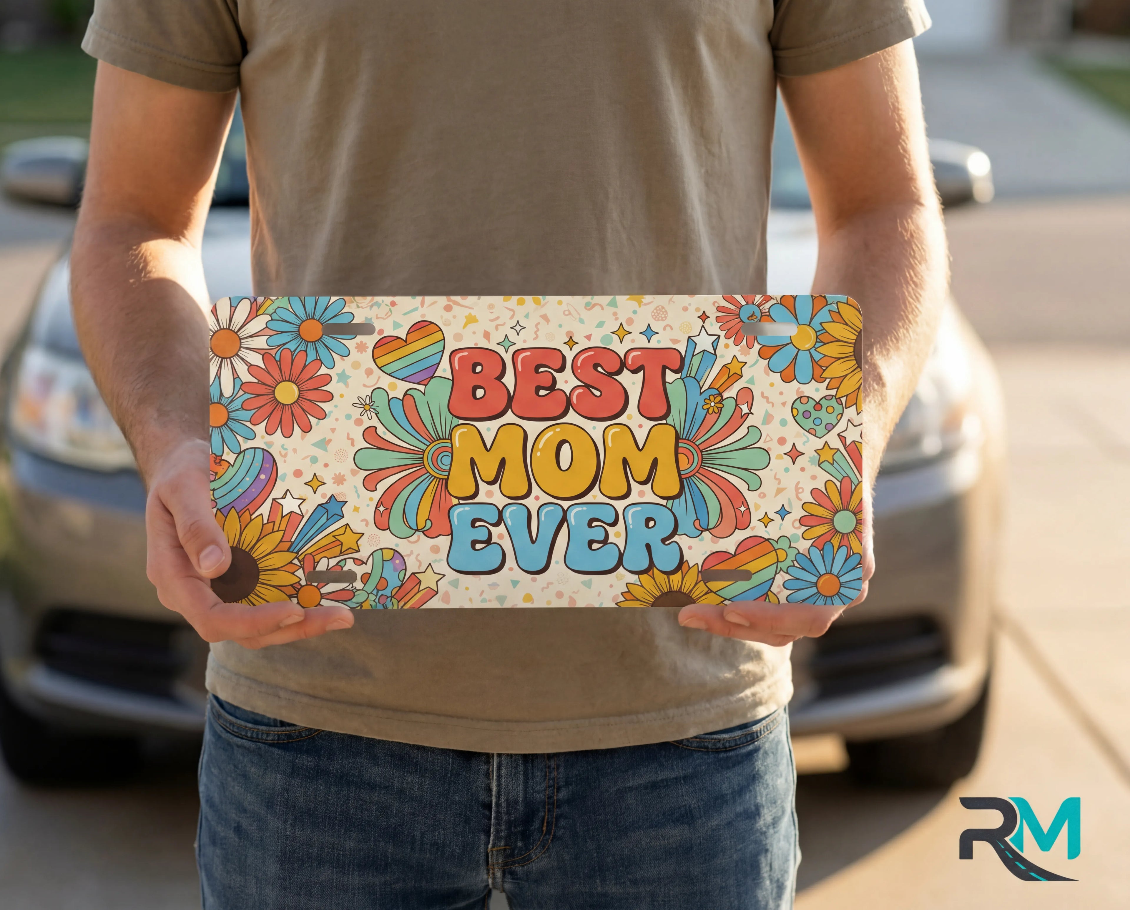 Best Mom Ever Floral Retro Rainbow Vanity Plate