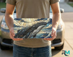 person holding whale surfacing license plate — ocean blue gold breaching whale vanity plate art