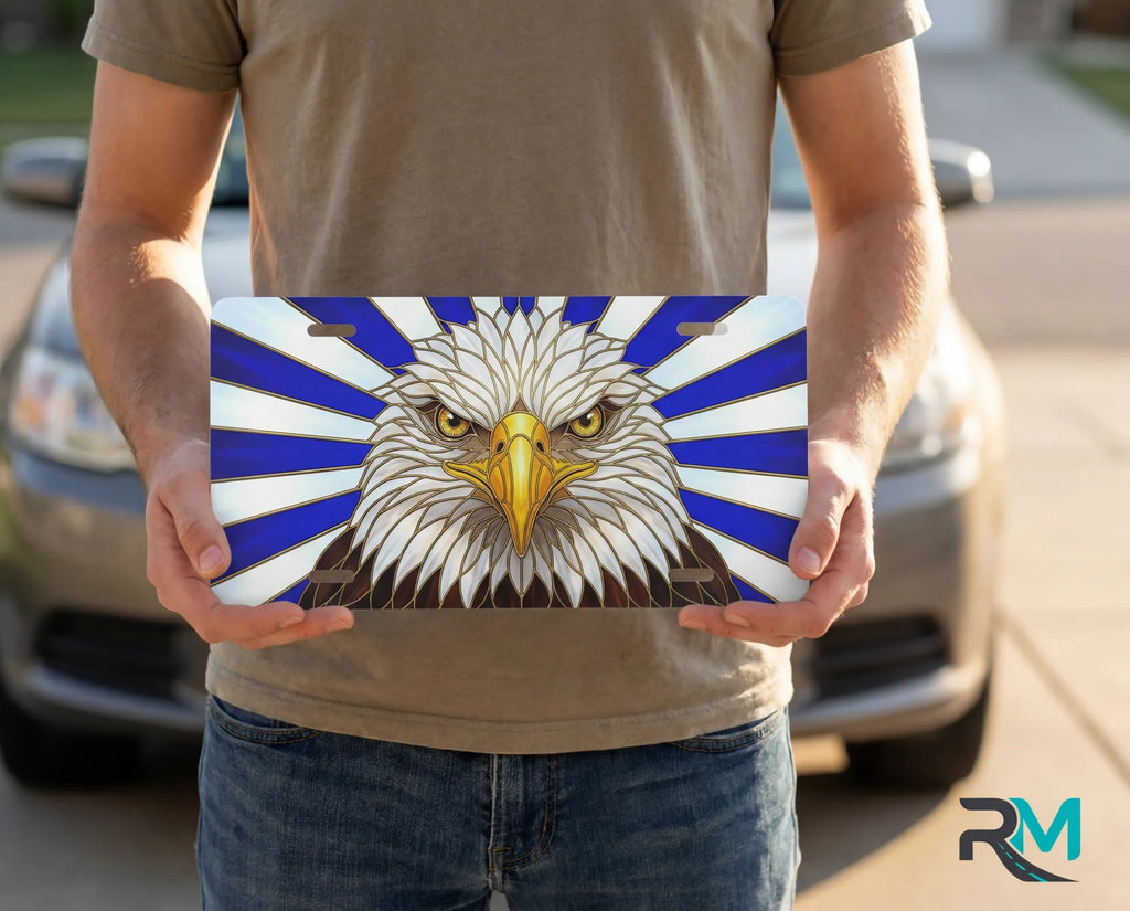 person holding bald eagle license plate — stained glass patriotic eagle vanity plate art